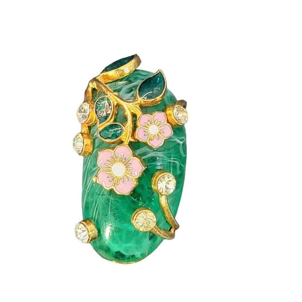 Vintage Glam Cabochon Glass Green Jade Floral Rhinestone Flower Oval Scarf Clip